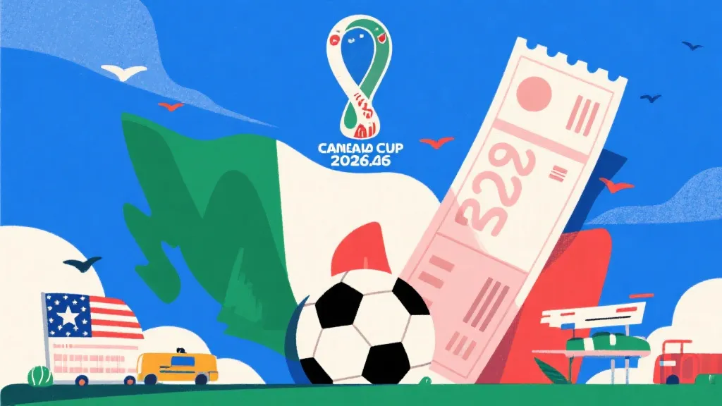 2026年美加墨世界杯概念图，包含足球与高昂旅行账单元素